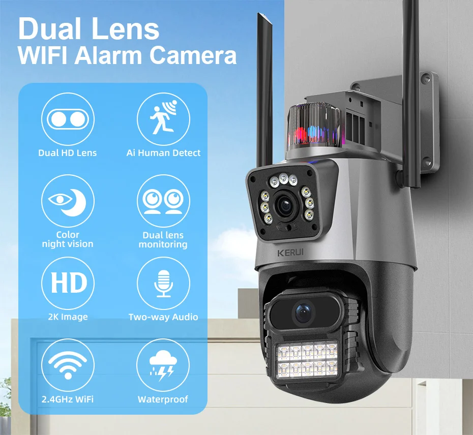 KERUI Icsee 2k 4mp Wifi Outdoor Security Camera Double Lens Hd Wireless Ptz Video Surveillance Ip Camera