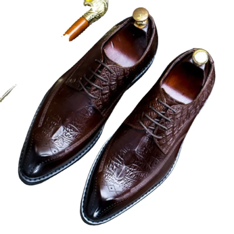 
 Мужская кожаная обувь, кожаная деловая обувь с принтом аллигатора, с острым носком, в британском стиле, деловой костюм  