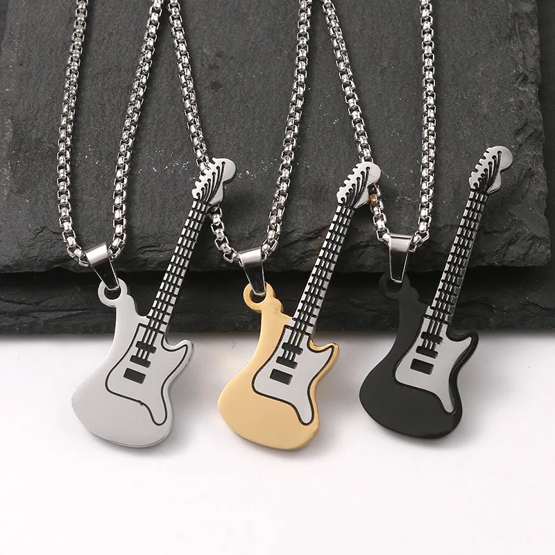 Fashionable new hip hop trend street design sense multi color guitar pendant unisex stainless steel necklace