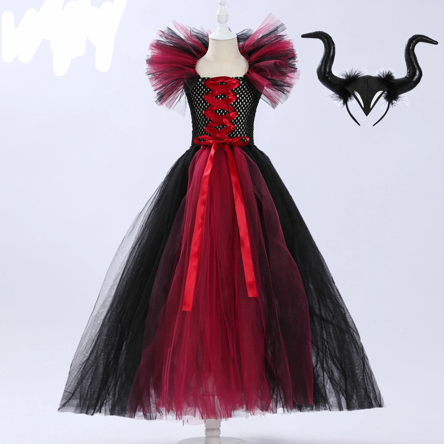 Costume Maleficent Horns Kids Halloween Fancy Christening Black Glam Gown Tutu Dresses Demon Queen Witch dress for baby girl