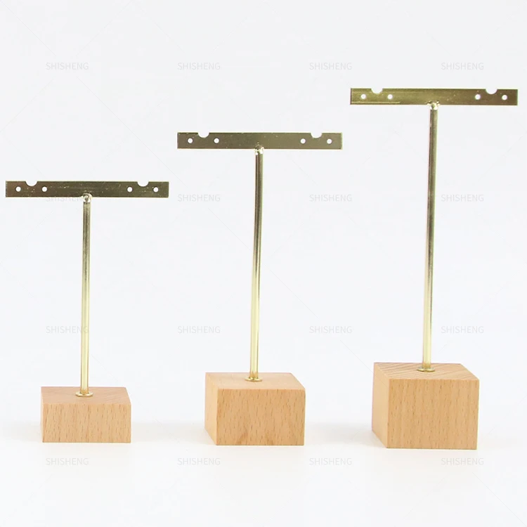 SHI SHENG Metal 3 Pcs T Bar Earring Display Stand with Wooden Base Jewelry Holders Hanging for Store Retail Photography Props