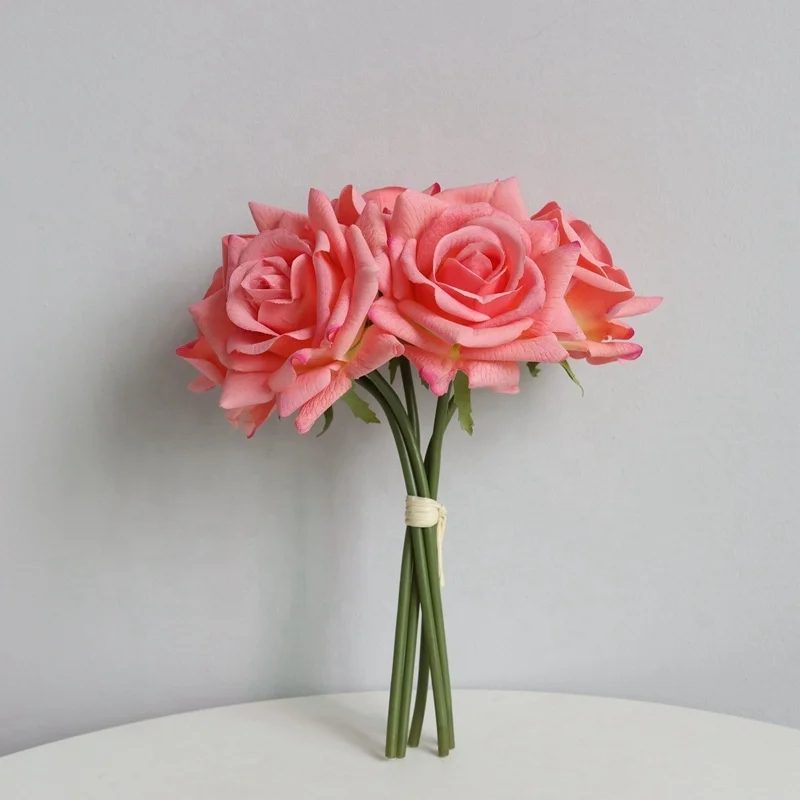 Wholesale Latex Hot Pink Roses Bunch Artificial Real Touch Flowers for Wedding Decoration Centerpiece flower