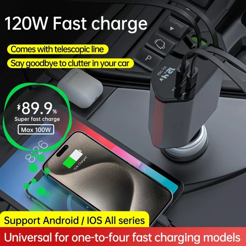 HY 2024 Fast Retractable Car Charger USB C Car Charger Fast Charge 120W 2 Retractable Cables and USB Port Car Charger Adapter