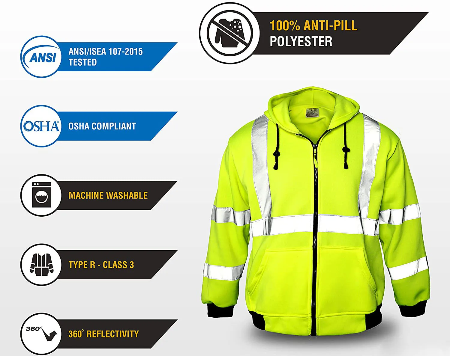 Safety Fleeced High Visibility Reflector Hoodie Class 3 Reflective Winter Work Jacket