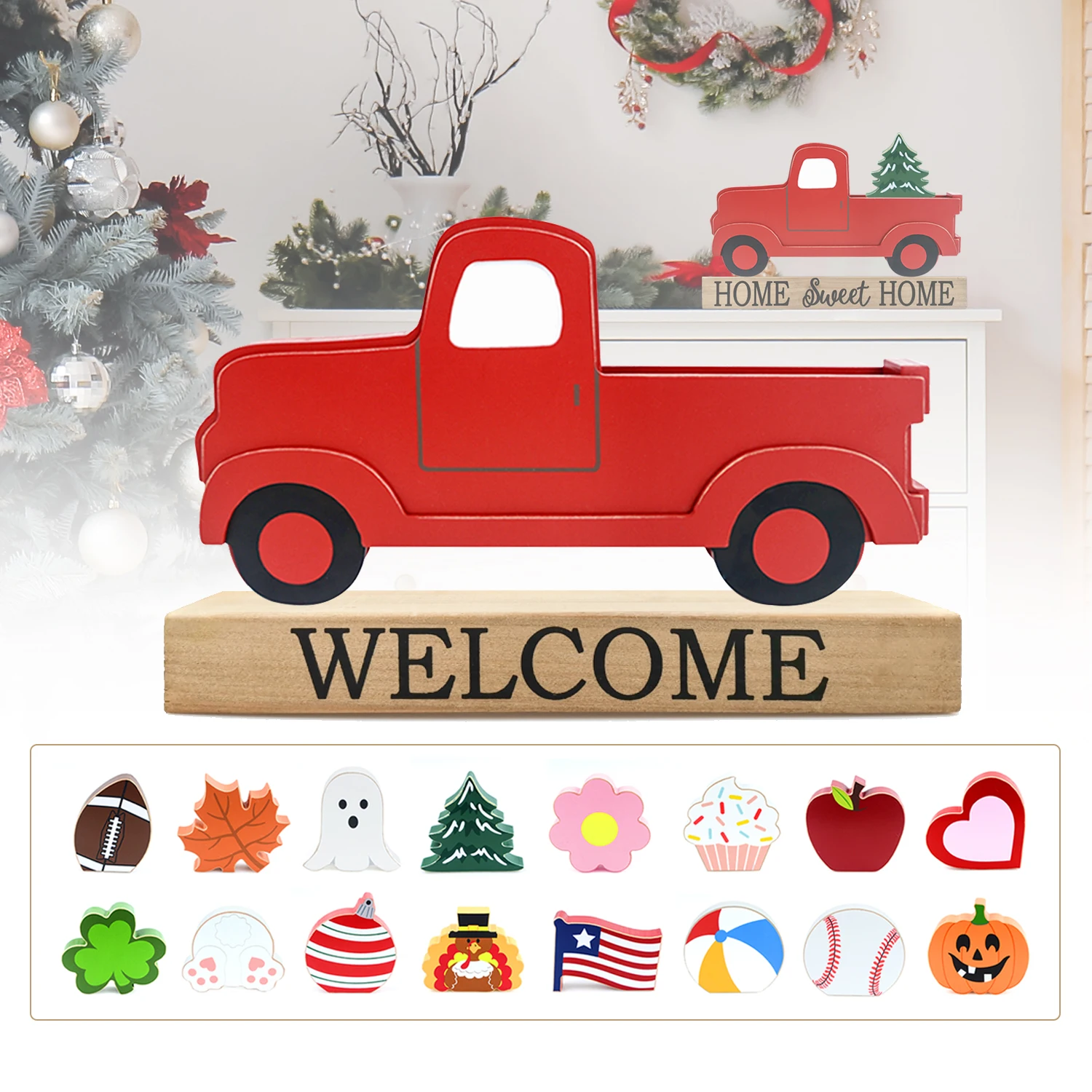 Home Decor International Day Decoration Wooden Red Truck Welcome Sign Tabletop with Interchangeable Icons