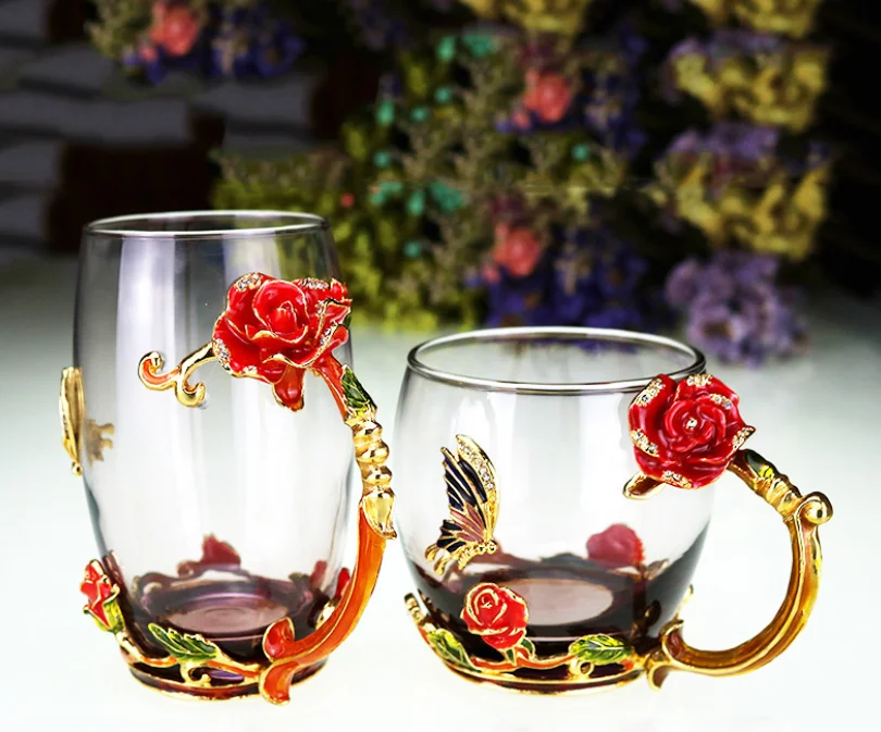enamel glass cup set rose and butterfly design flower crystal drinking cup for coffee tea wedding gift