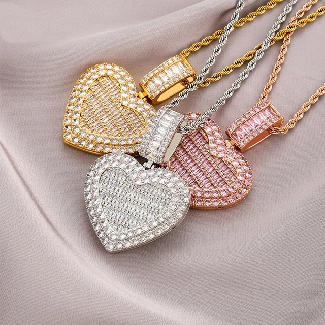 Custom Cz Picture Charms Pendant Necklace Full Diamond Hip Hop Jewelry Iced Out Locket Heart Photo Pendant Necklace