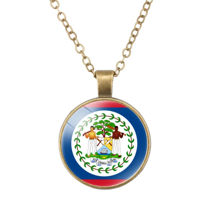 Wholesale Belize Flag Time Gemstone Round Vintage Pendant Necklace