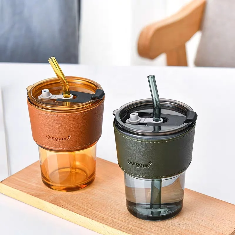 Reusable Custom Water Espresso Coffee Bubble Tea Glass Cups with Lids and Straws Glass cup with leather to prevent scalding
