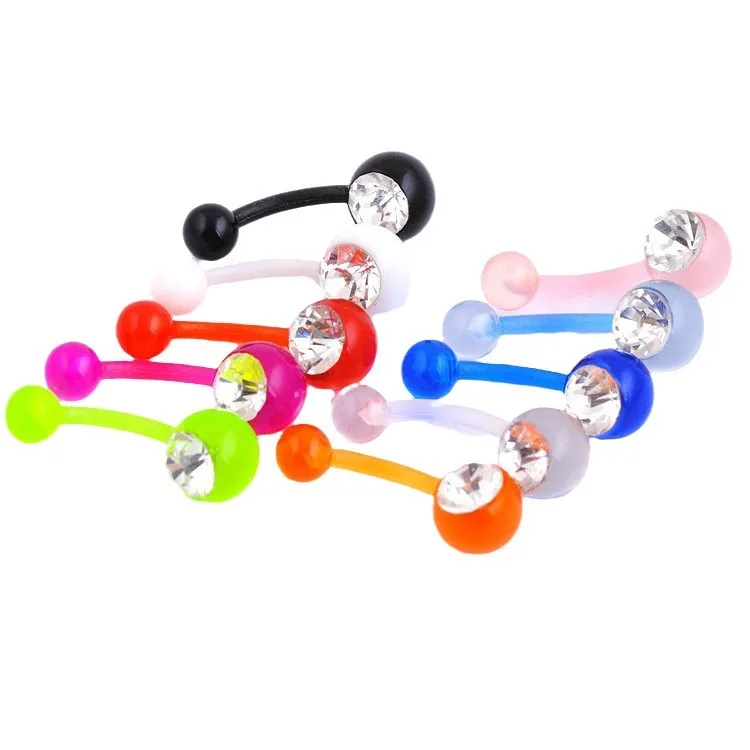 NUORO New Popular Acrylic Inlaid Diamonds Navel Nail Piercing Jewelry Colorful Soft Rod Pave Zircon Belly Button Ring