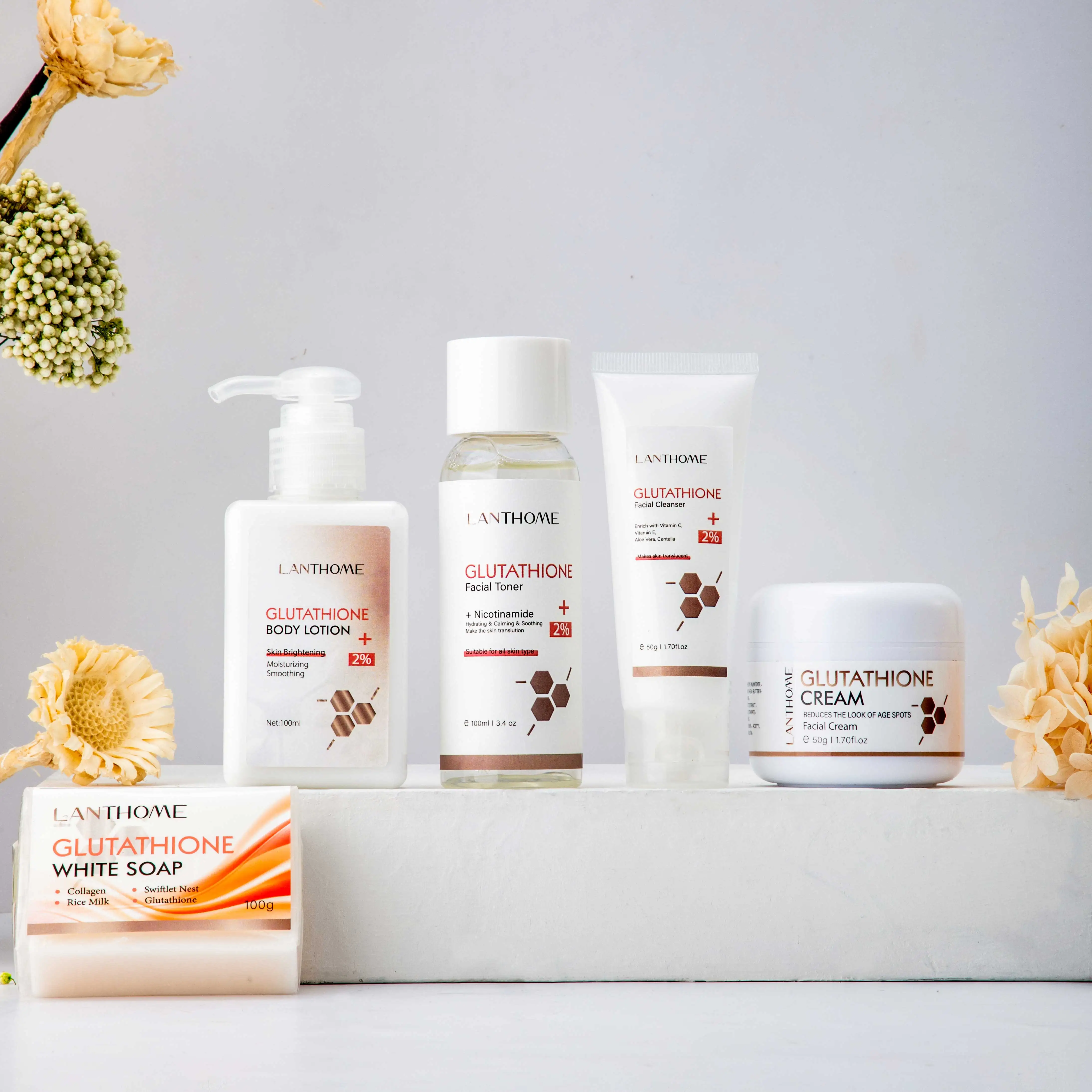 Private Label Facial Skincare Kit Skin Brightening Moisturizing Smoothing 5pcs Glutathione Set