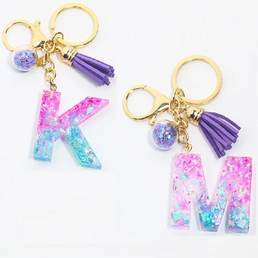 Purple Gradient initial key chain PVC Sequin letter Resin Keychain Acrylic keyring Leather Tassel Custom Crystal Letter Keychain