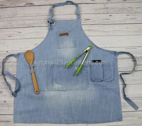 Unisex Long Jeans Apron With criss-cross Back Leather Straps Bartender Leather Denim Baking Cooking Apron