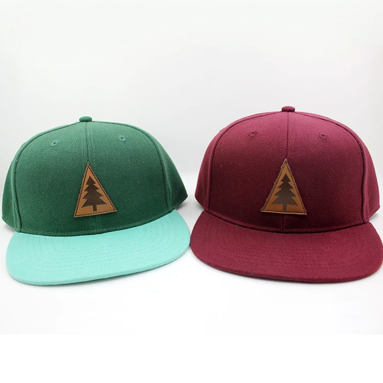 Good quality flat brim hat leather patch cotton material custom snapback cap