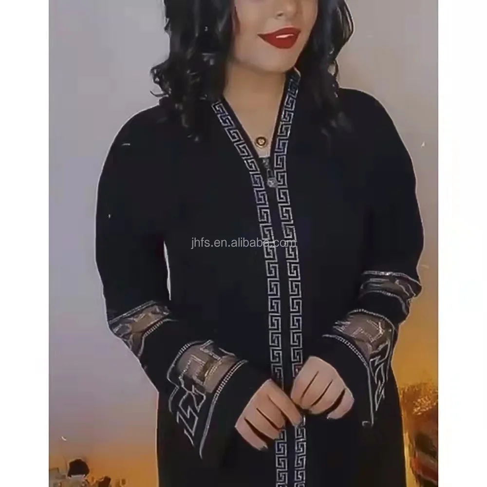 J&H 2022 luxury rhinestone diamond abaya with under dress chiffon 2 piece set Islamic clothing kaftan style muslim dress