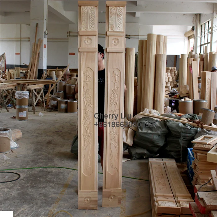 Luxury Villa Home Indoor Decorative Solid Pine Wood Carved Roman  pillar and Columns