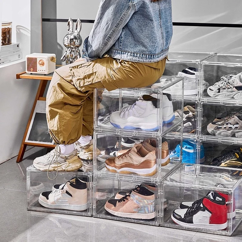 Hot Sale Sneaker Drop Front shoe rack Box Shoe Storage Boxes Clear Transparent Stackable Plastic Shoe Box Display Case
