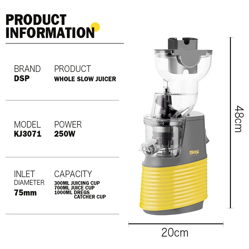 DSP OEM Cold Press Machine Stainless Steel Whole Slow Juicer Electric Vegetables Fruit Big Mouth Slow Juicer Extractor Machine