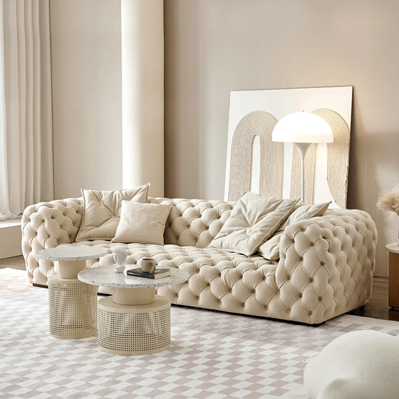 European Living Room Luxury Sectional Sofa Modern Fabric Leather  Sofa Villa  Straight Row Three Person Sofa