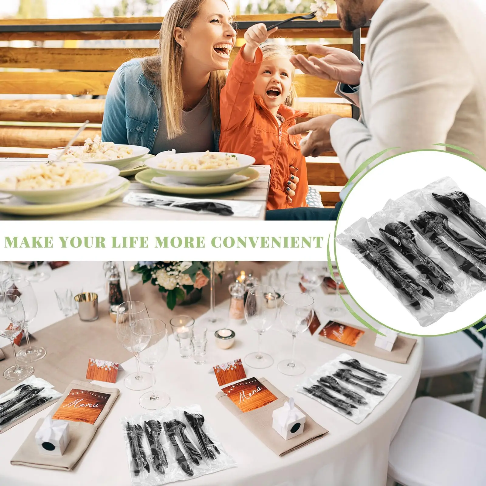 Wholesale Individually Wrapped Plastic Cutlery Bulk Disposable Black Knife Fork Spoon Napkin Sets