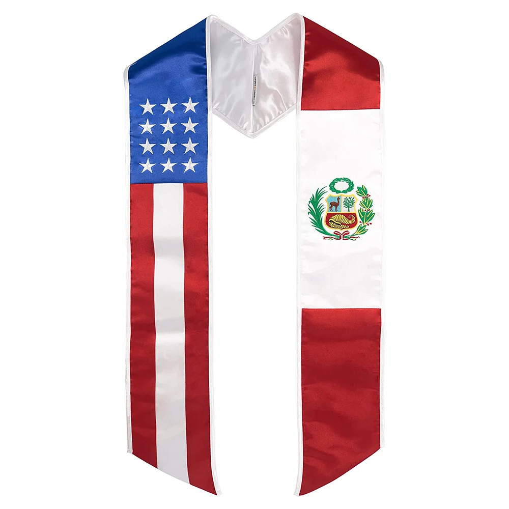 New Cheap Printing USA and Peru Flag Pattern Two Flag Graduation Sash Stole Satin Scarf For Graduate Gift