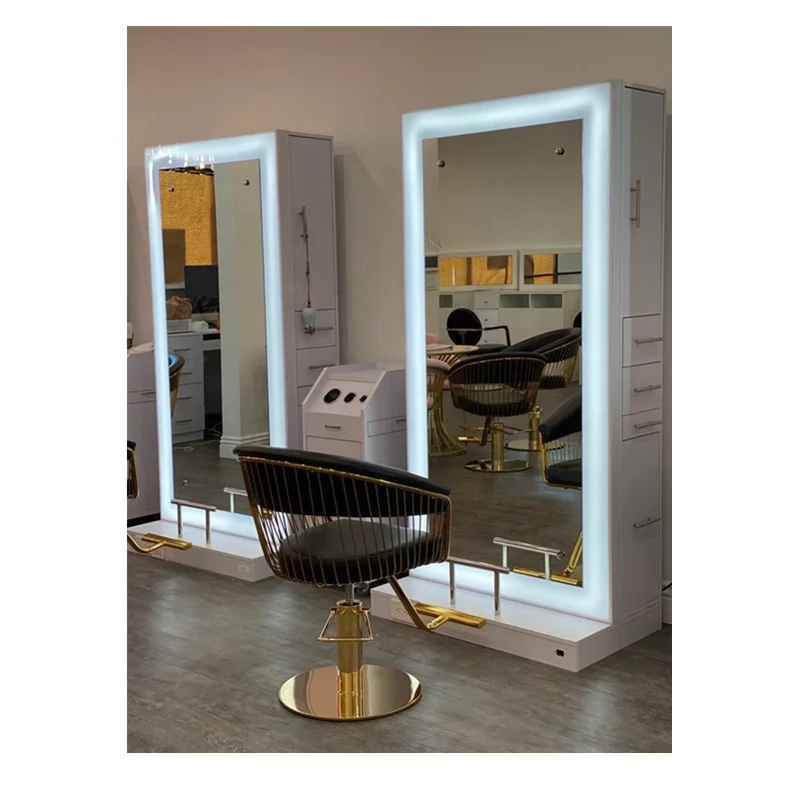 led barber unit styling station mirror salon furniture