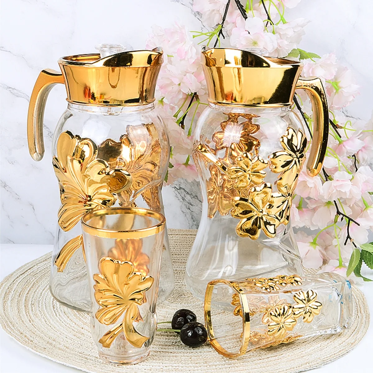 
7OZ Tumbler+1.4L Jug Shell Design 7PCS Golden Water Jug Drinking Set 