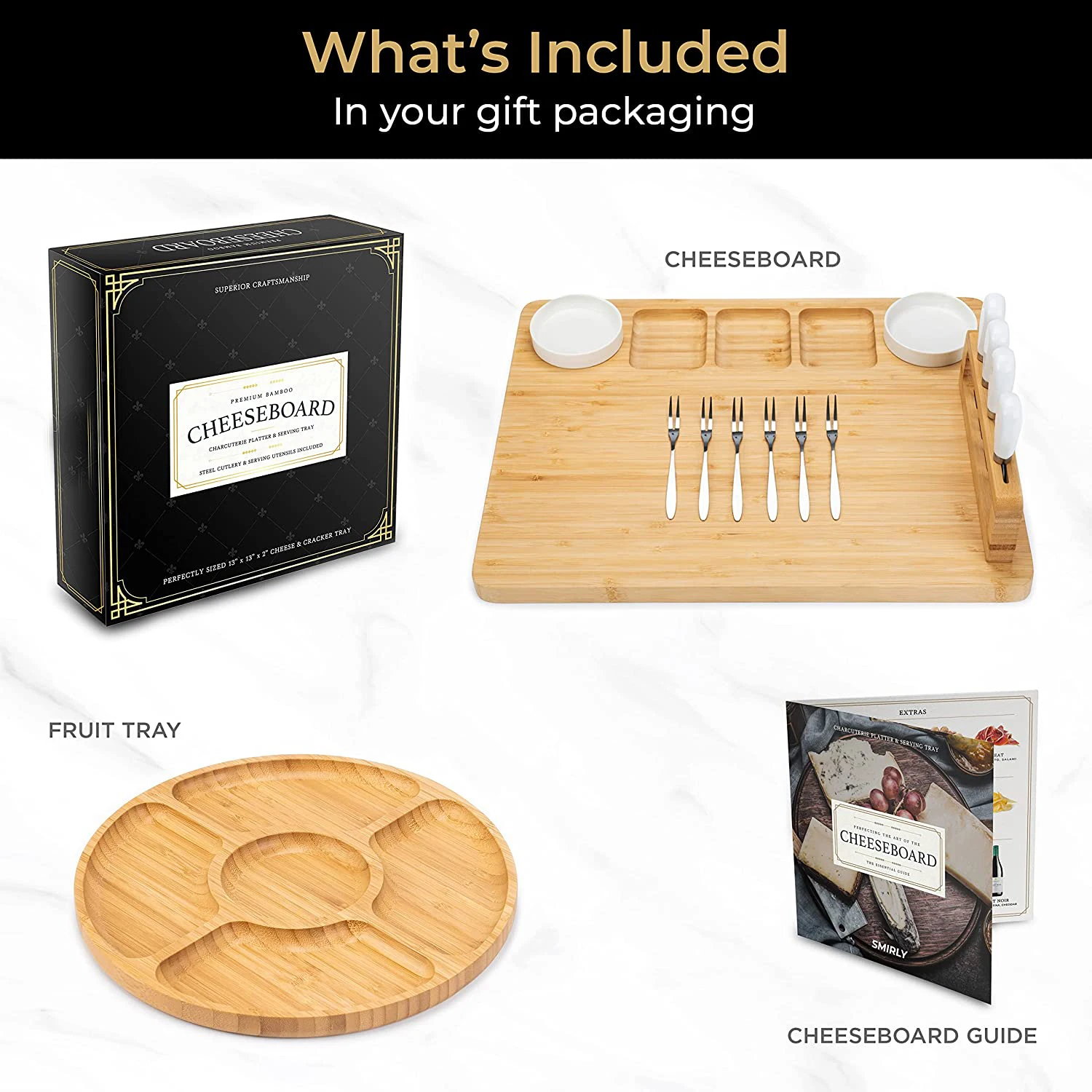 Large Bamboo Cheese Board and Cutlery Set: Charcuterie Board Set, Cheese Tray Platter. Gifts for Family and Friends