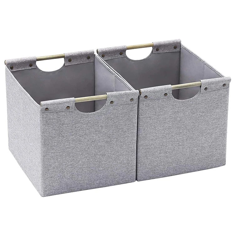 Amazon hot selling eco friendly square fabric foldable storage bin baby toy storage box  with wooden handle wholesale