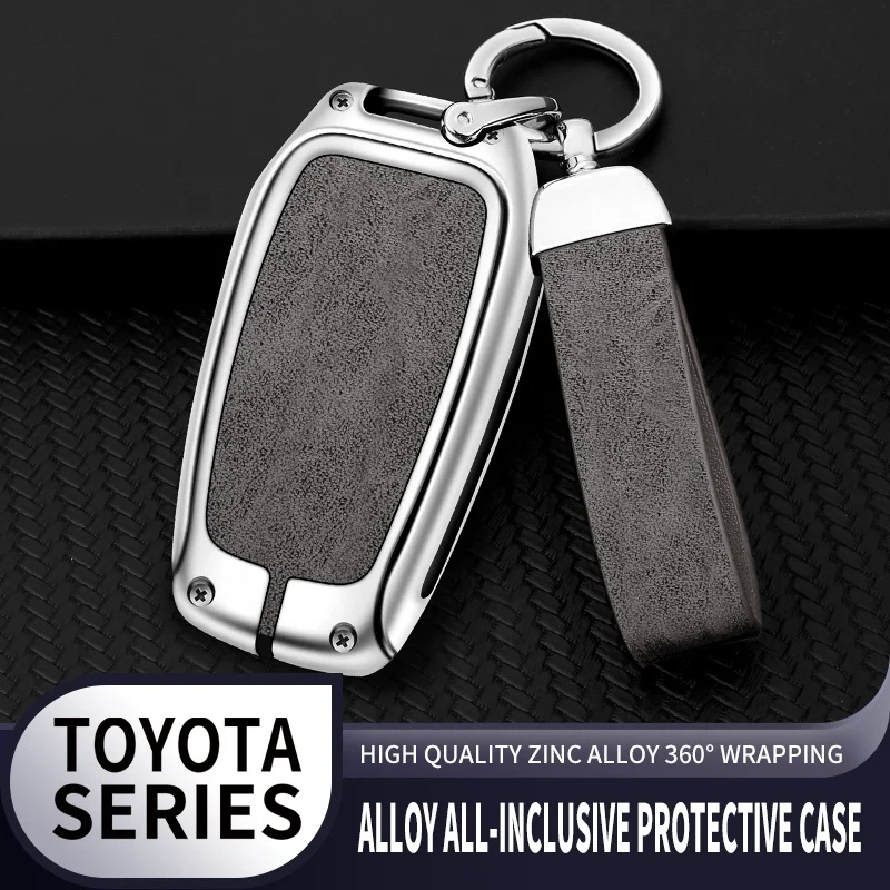 Aluminum zinc alloy cover+leather car brand logo key chain car remote fob key case fit for Toyota Highlander RAV4