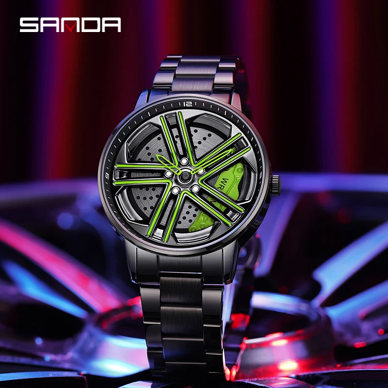 SANDA P1090 Regarder Mens Rim Hub Watch Wheel Wristwatch Clock Sport Car Creative 360 Spinning male WristWatches Reloj de hombre
