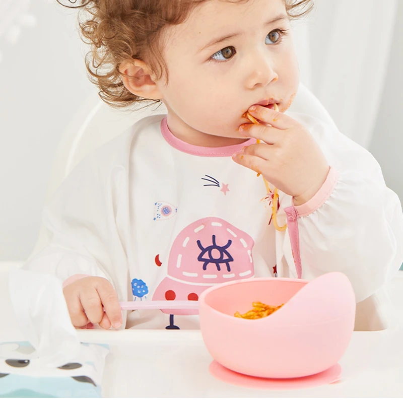 Baby plates silicone with spoon and fork BPA FREE wooden spoon food grade silicone non-slip bowl silicone suction plate with lid