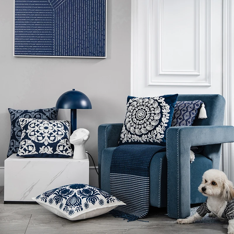 Blue Embroidery Cushion Covers Designs Latest Design Cushion Cover Cotton Custom Pillow Cover Decorative