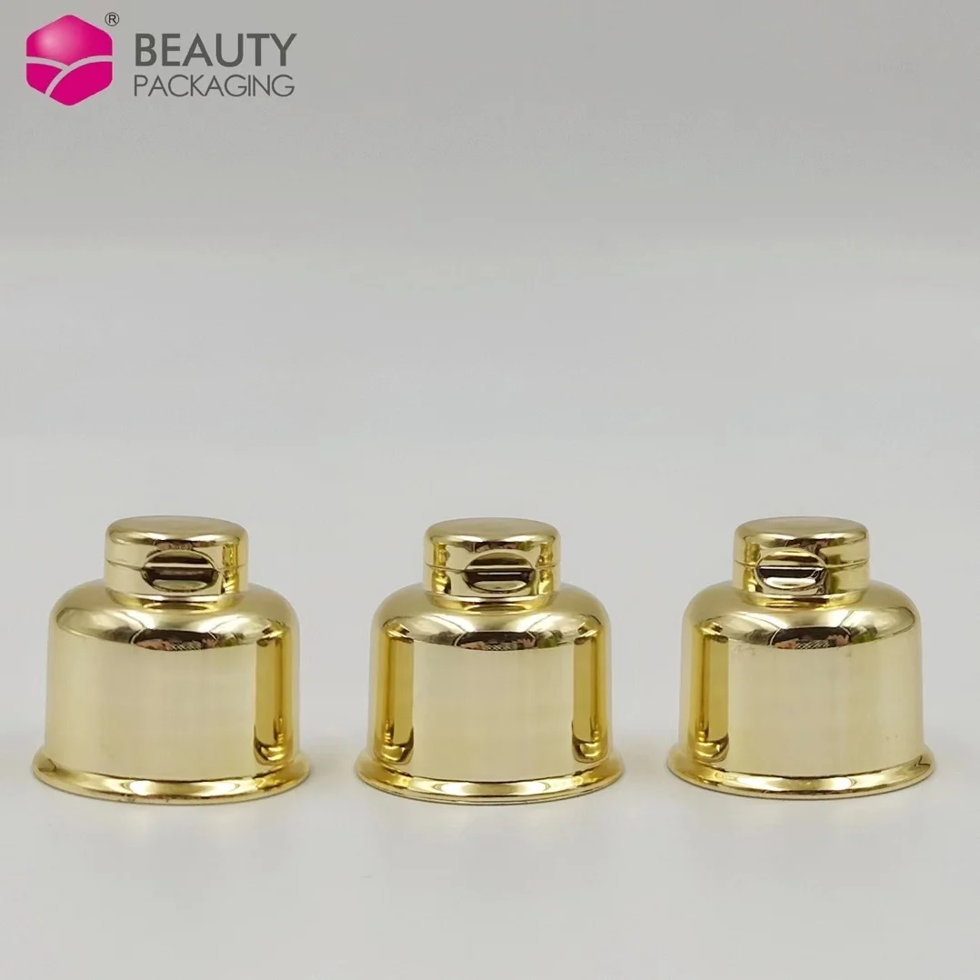 Manufacturer 24mm 28mm UV aluminum shiny Gold silver Cosmetics Plastic Bottle Bell Shape flip top cap lid