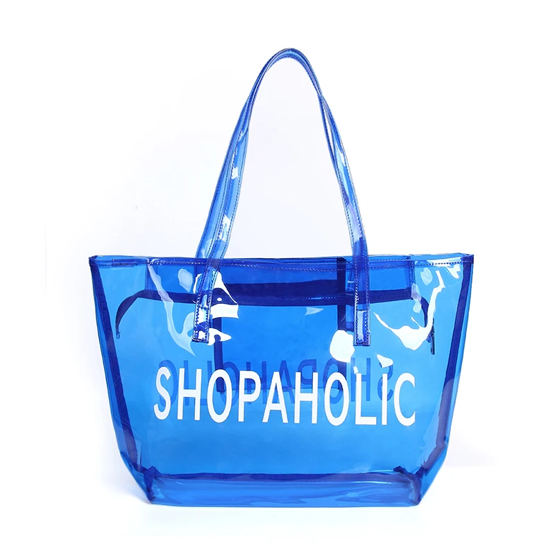 Clear plastic vinyl custom pvc handle shoulder tote pvc zipper shopping cosmetic bag