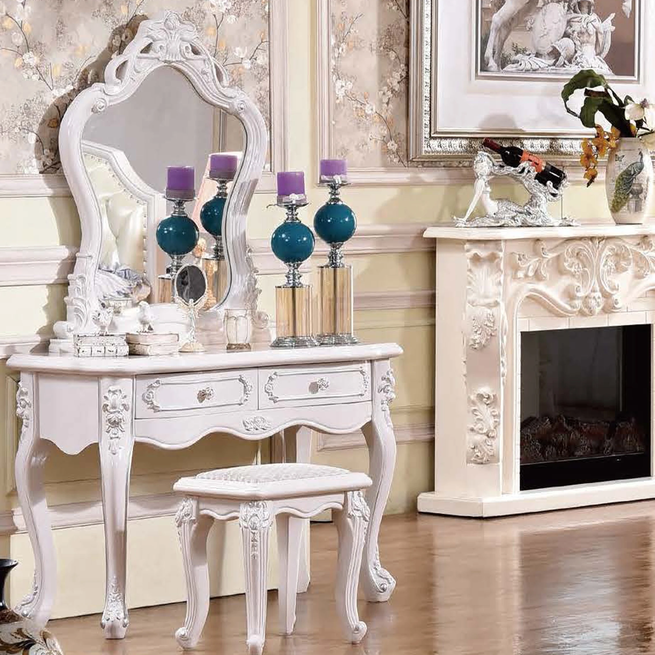 French luxury classic makeup table Solid wood bedroom dresser furniture set Storage cabinet dressing table with mirror and stool