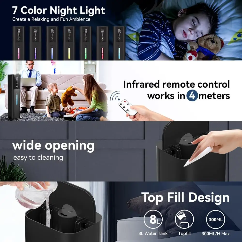 RUNAL H785 8L Big Capacity Top Fill Electric Cool Warm Mist Smart Ultrasonic Air Humidifier With Led Night Light