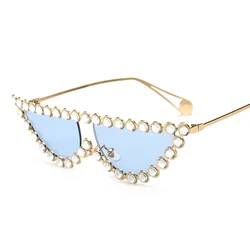 luxury rhinestone women sunglasses cat eye pearl metal sun glasses brand designer italy custom logo wholesale oculos