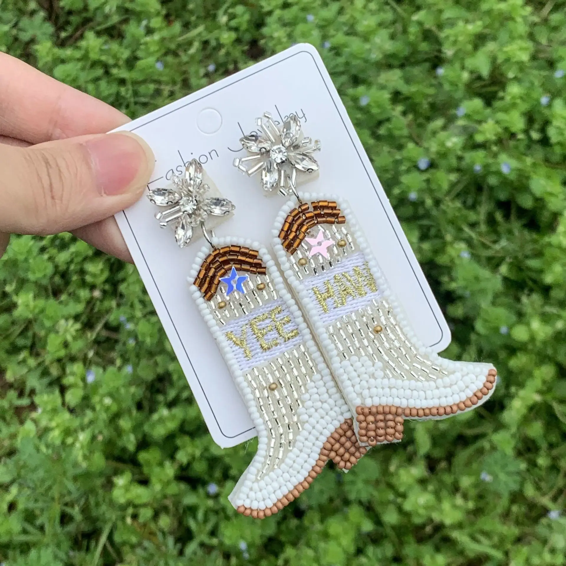 Cross border Western Cowboy Style Boots, Rice Ball Earrings, Personalized and Exaggerated, Handmade Beaded Fashion Earrings