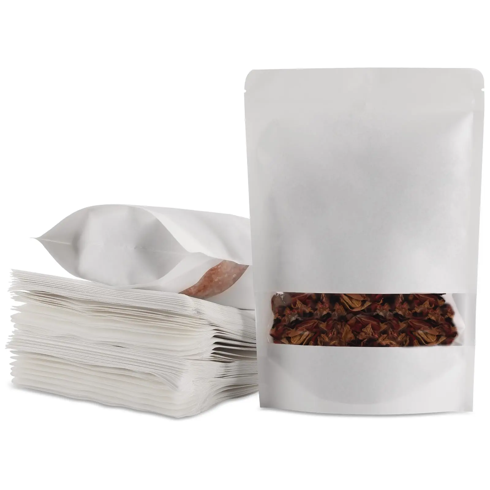 White Kraft Stand up Pouch Paper Spice Bag Resealable Packaging Plastic With Window Customized Logo for Food Tea