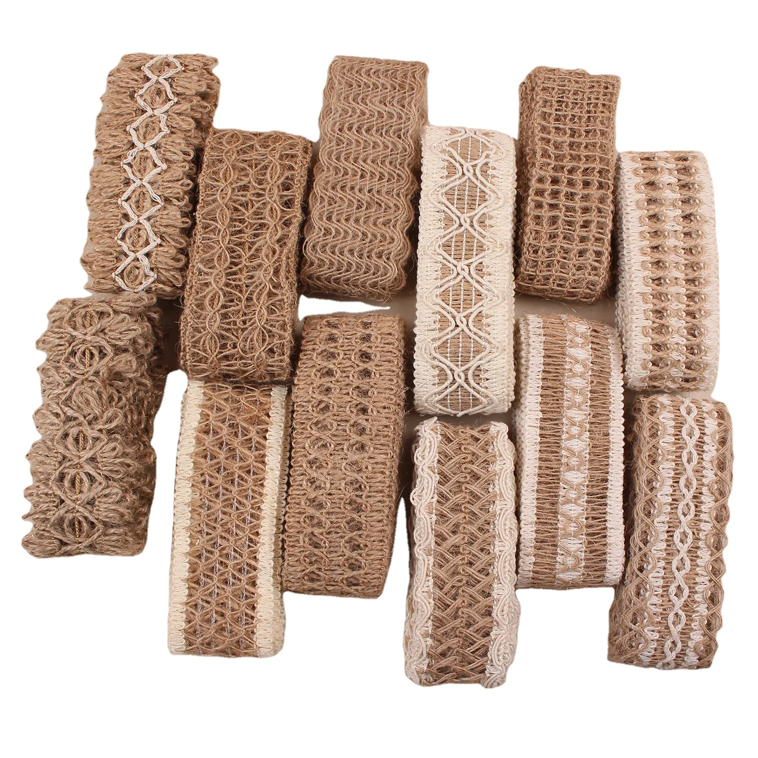 10 Rolls 2m Handmade Jute Burlap Ribbons Lace Craft Ribbon Burlap 10 Assorted Styles for Crafts Mason Jars Wrapping RC07051130