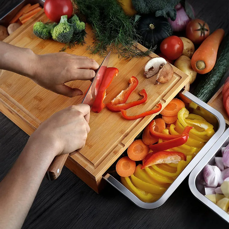 Factory wholesale price with stainless steel storage of multifunctional bamboo chopping board set