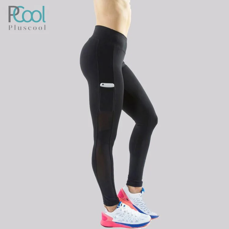 Fitness black tights mesh leggings for women with pocket Pluscool sports leggings