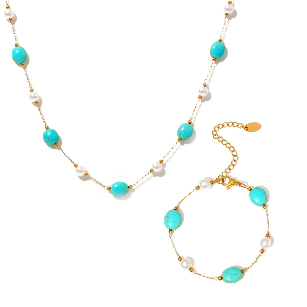 Fine Jewelry Set Gold Plated Stainless Steel WIth Natural Turquoise & Imitation Pearl Jewelry Set For Women