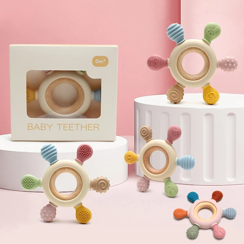 2024 New arrival Custom Cute BPA Free Silicone Baby Teethers Wooden Baby Teether Baby Feeding Chewing Teething product