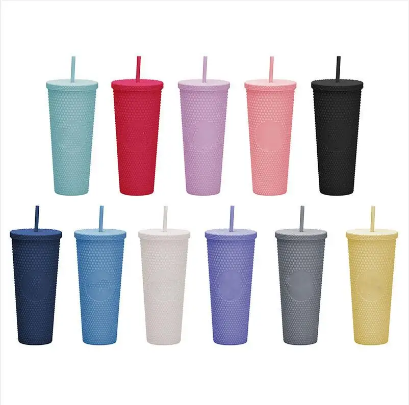 2024 Popular 24oz Tumbler Double Wall Plastic Light Blue Purple Black Matte  Tumbler With Straw