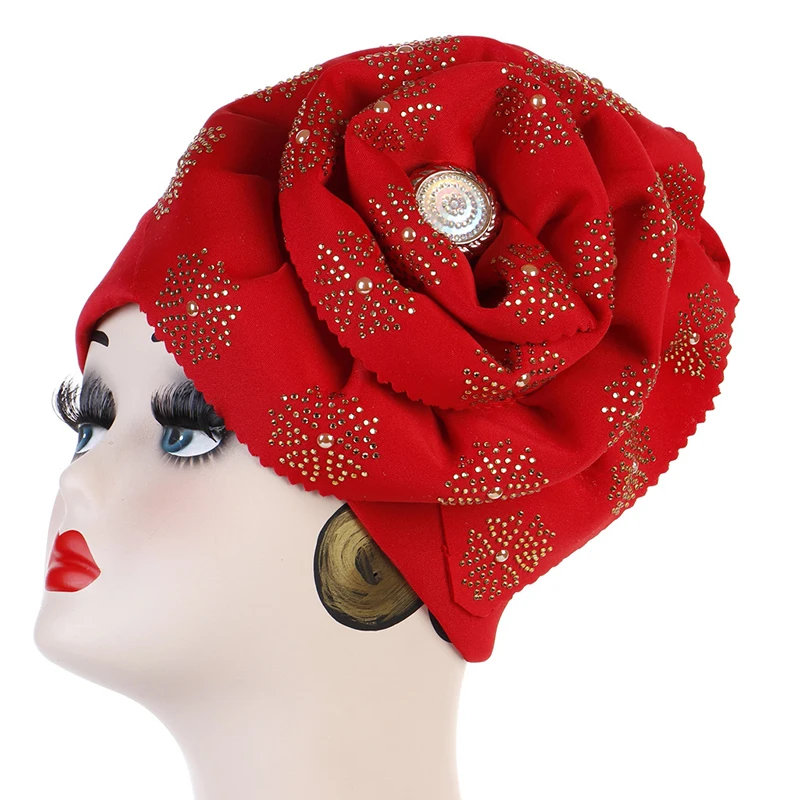
Wholesale Fashion Muslim Women Polyester Diamond Flowers Cap Turban Hat 