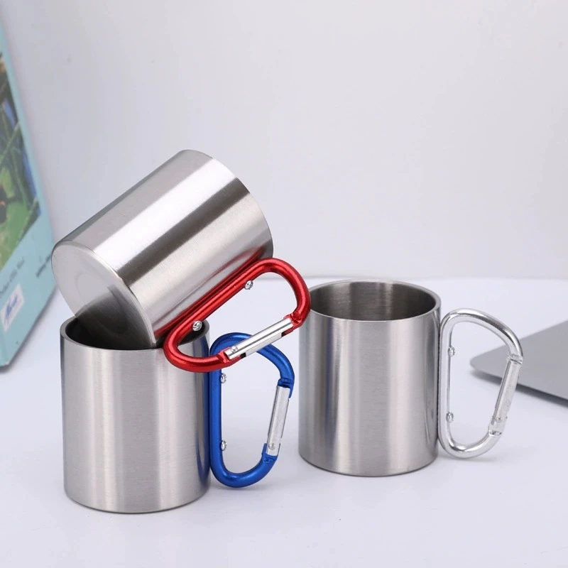 Outdoor Double Wall  Stainless Steel Cup Coffee Mug with Buckle Mountaineering Camping Cookout Metal Water Cup Tea Cup