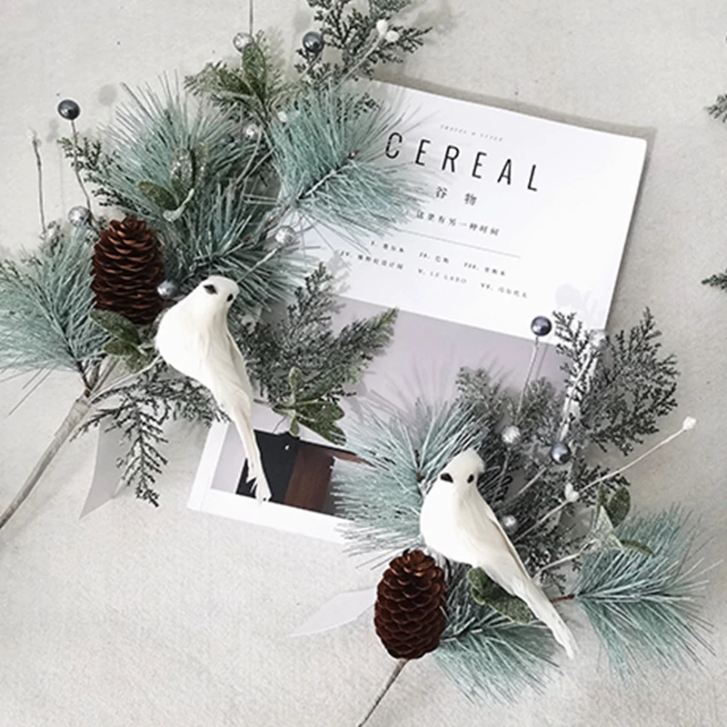 Christmas plastic blue glitter pine needle pick long stem with artificial white feather bird Christmas picks