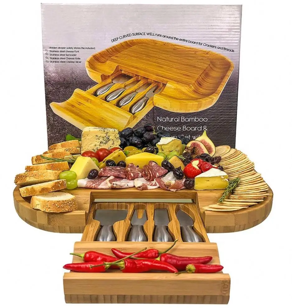 Bamboo Cheese Board With Drawer & 4 Stainless Steel Knives Luxury Set | Deluxe Extra Spaces Serving Slide-Out